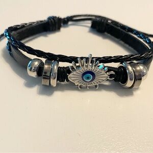 Evil Eye Black Leather Bracelet with Silver Accents